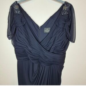 Adrianna Papell Navy Assymetrical Ruched Beaded Embellished Evening Gown MOB 14